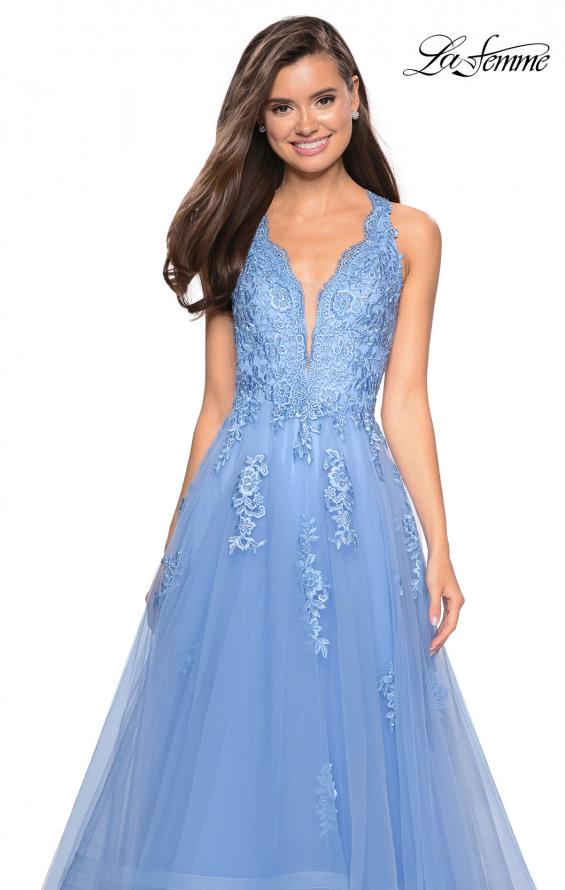 Picture of: Racer Back Lace Embellished Floor Length Ball Gown in Cloud Blue, Style: 27603, Detail Picture 7