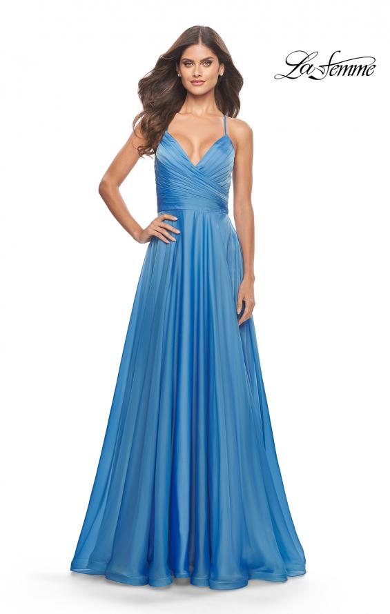 Picture of: Chiffon Prom Dress with Ruched Bodice and Slit in Cloud Blue, Style: 30840, Detail Picture 7