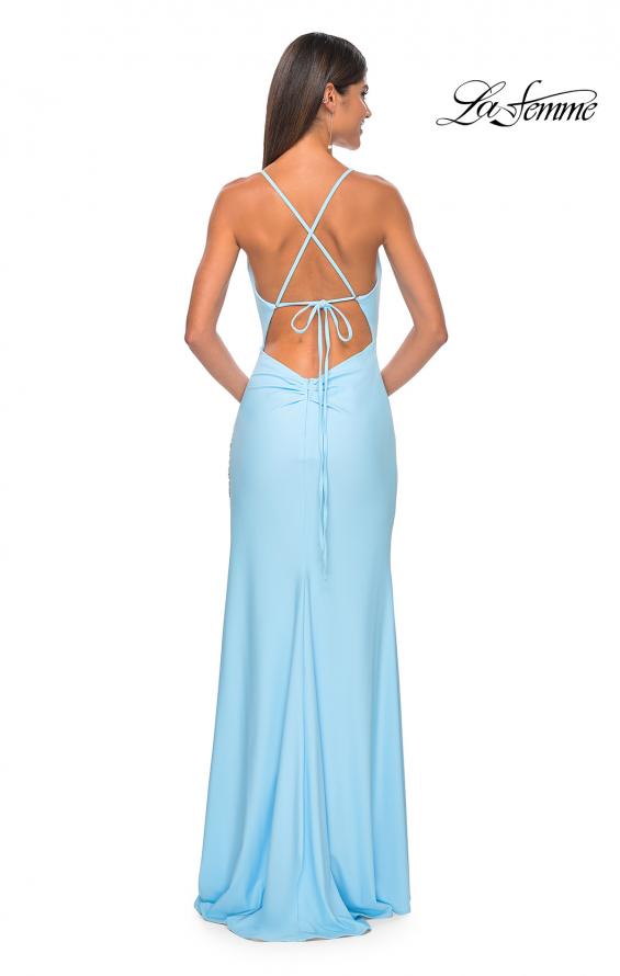 Picture of: Rhinestone Rose Detail Jersey Dress with Draped Neckline in Cloud Blue, Style: 31574, Detail Picture 7