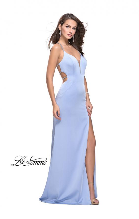 Picture of: Long Jersey Prom Dress with Plunging Neckline and Beading in Cloud Blue, Style: 25398, Main Picture