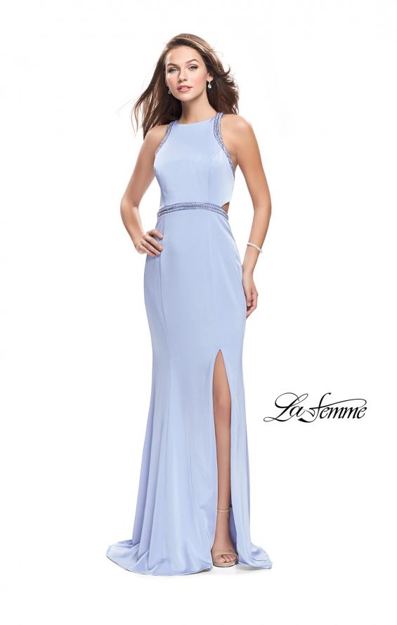 Picture of: Long Jersey Prom Dress with High Neck and Cut Outs in Cloud Blue, Style: 26069, Main Picture