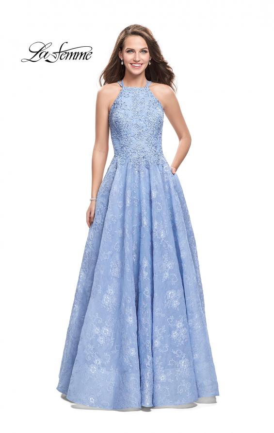 Picture of: High Neck A-line Gown with Beaded Bodice and Pockets in Cloud Blue, Style: 26337, Main Picture