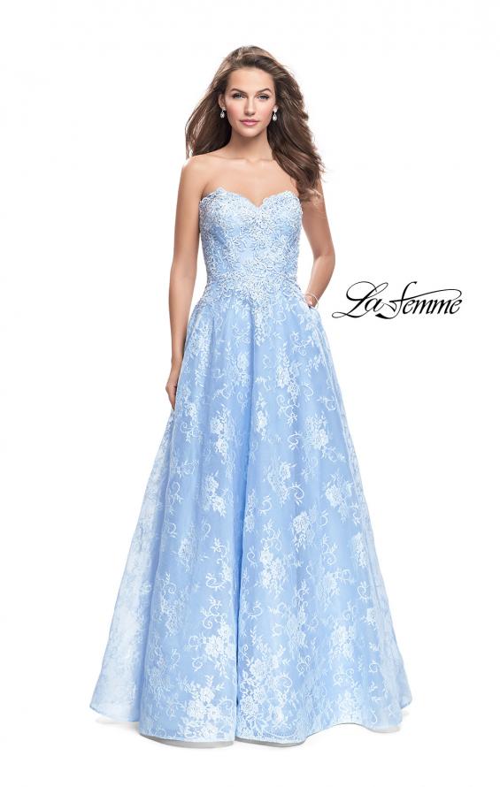 Picture of: Long Strapless Lace Ball Gown with Beading and Pockets in Cloud Blue, Style: 26338, Main Picture