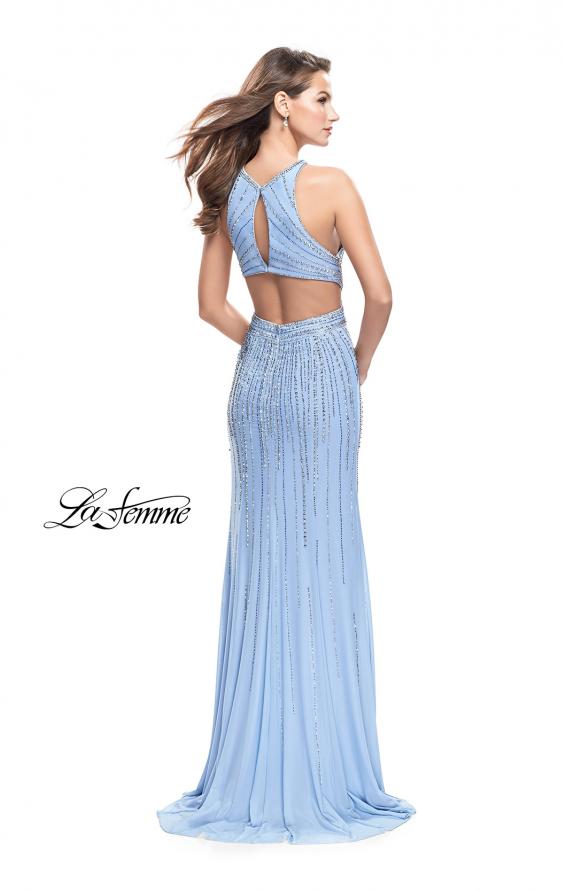 Picture of: Metallic Beaded Prom Dress with High Neck and Cut Outs in Cloud Blue, Style: 26057, Back Picture