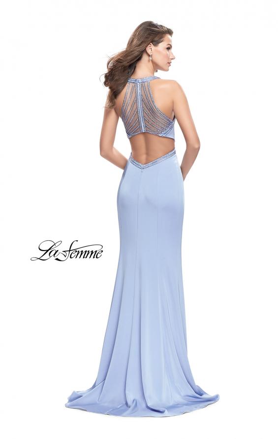 Picture of: Long Jersey Prom Dress with High Neck and Cut Outs in Cloud Blue, Style: 26069, Back Picture