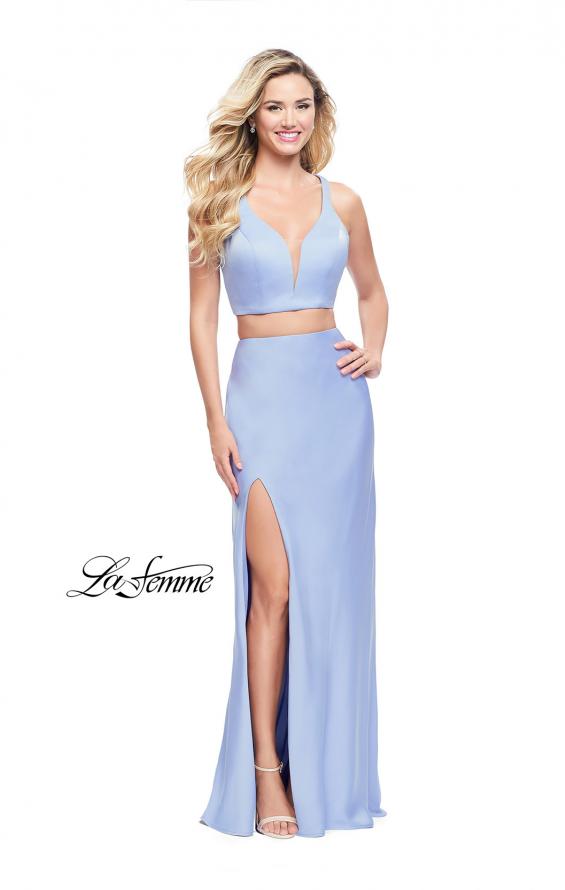 Picture of: Satin Two Piece Prom Dress with Leg Slit and Racer Back in Cloud Blue, Style: 25599, Detail Picture 2