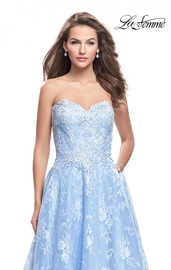 Picture of: Long Strapless Lace Ball Gown with Beading and Pockets in Cloud Blue, Style: 26338, Detail Picture 2