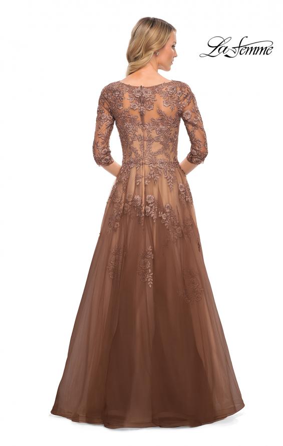 Picture of: A-line Tulle Gown with Floral Lace Detail and V-Neck in Cocoa,Style: 27908, Back Picture