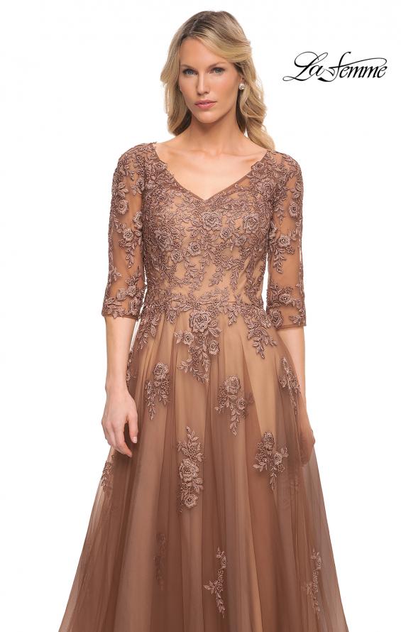Picture of: A-line Tulle Gown with Floral Lace Detail and V-Neck in Cocoa, Style: 27908, Detail Picture 1