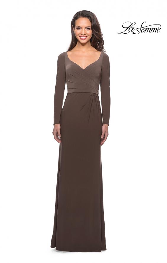 Picture of: Floor Length Jersey Gown with Long Sleeves and Ruching in Cocoa, Style: 25598, Main Picture