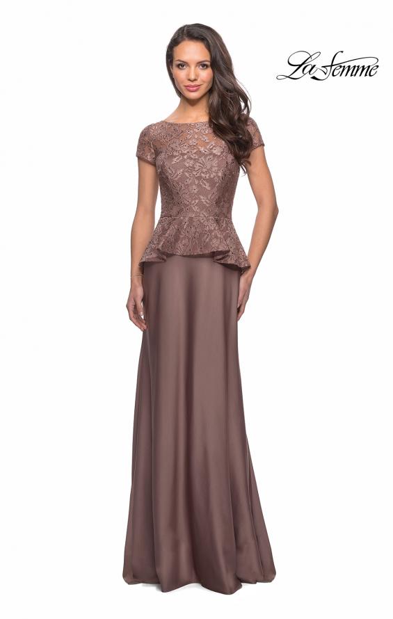 Picture of: Long Satin Dress with Lace Peplum Style Bodice in Cocoa, Style: 25887, Main Picture