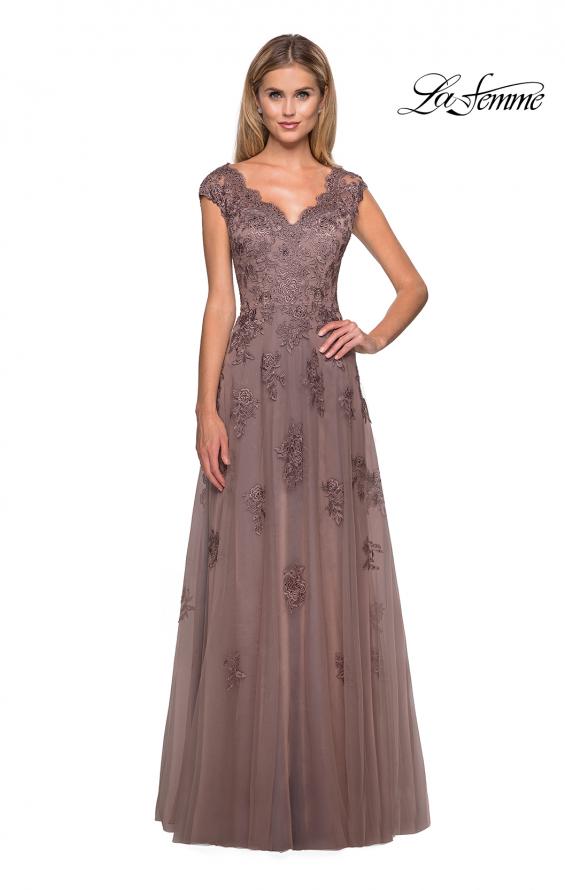 Picture of: Short Sleeve Lace Gown with Cascading Embellishments in Cocoa, Style: 26942, Main Picture