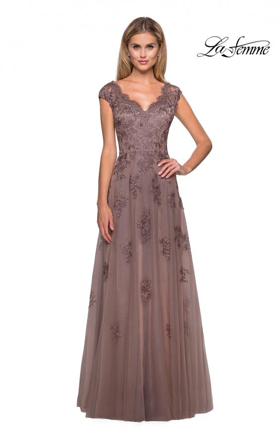Picture of: Short Sleeve Lace Gown with Cascading Embellishments in Cocoa, Style: 26942, Main Picture