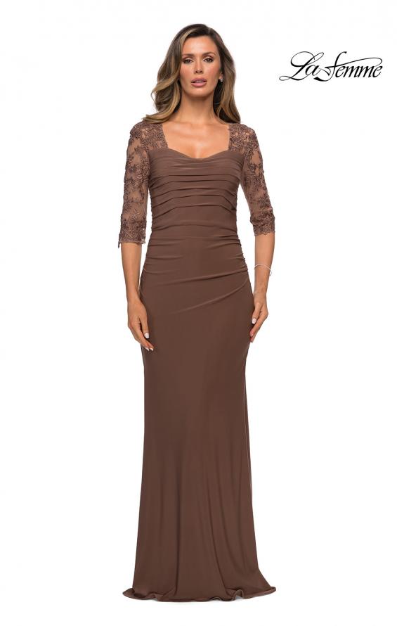 Picture of: Jersey Gown with Sheer Lace Sleeves and Ruching in Cocoa, Style: 28056, Main Picture