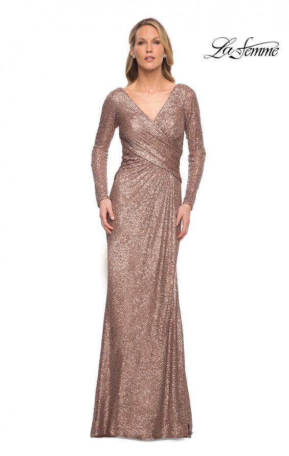 Picture of: Metallic Sequin Dress with Long Sleeves and V Neck in Brown, Style: 30310, Main Picture