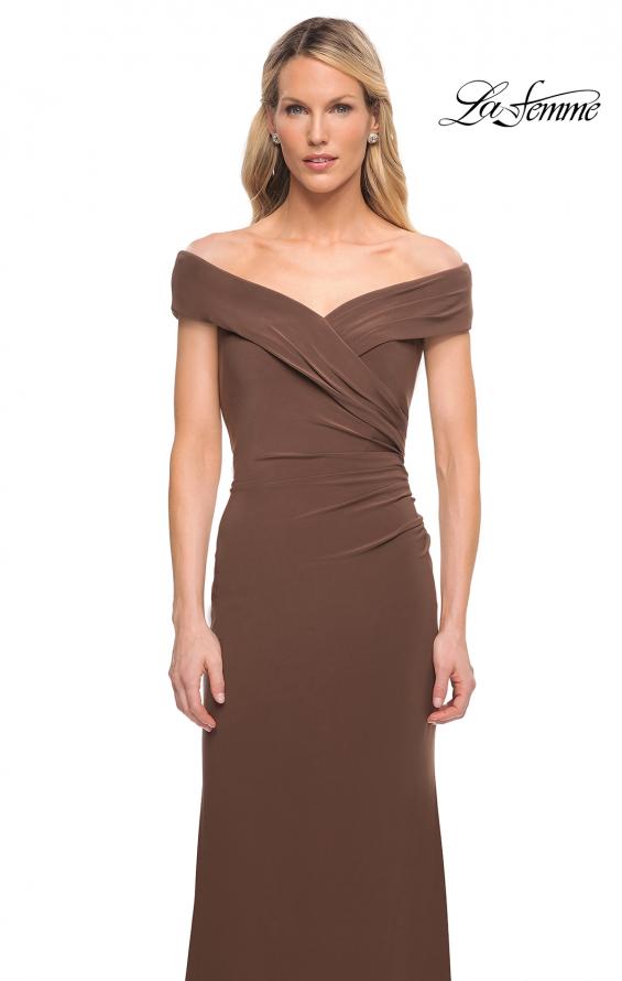 Picture of: Off The Shoulder Jersey Dress with Ruching in Cocoa, Style: 27959, Detail Picture 9