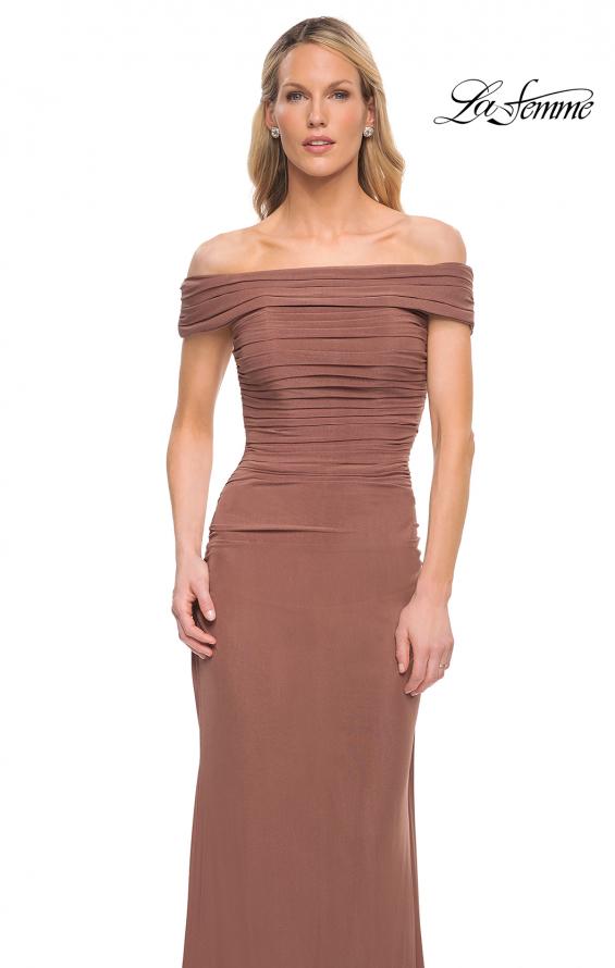 Picture of: Ruched Off the Shoulder Net Jersey Evening Dress in Cocoa, Detail Picture 9