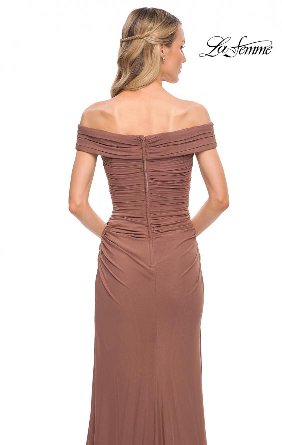 Picture of: Ruched Off the Shoulder Net Jersey Evening Dress in Cocoa, Detail Picture 10