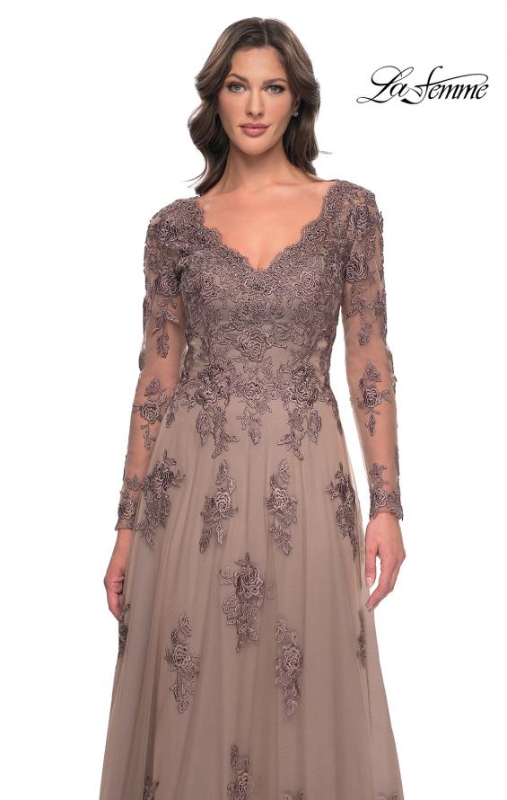 Picture of: Long Sleeve Lace and Tulle Dress with V Neckline in Cocoa, Style: 30795, Detail Picture 11