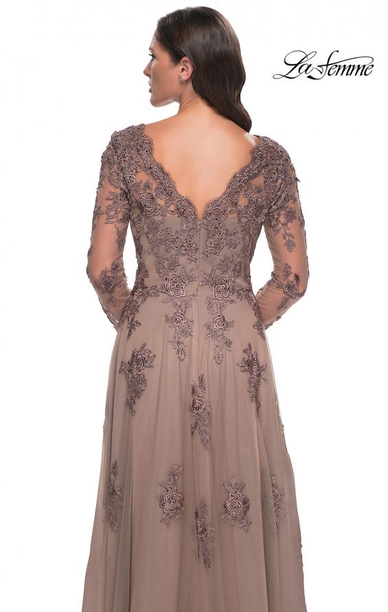 Picture of: Long Sleeve Lace and Tulle Dress with V Neckline in Cocoa, Style: 30795, Detail Picture 12