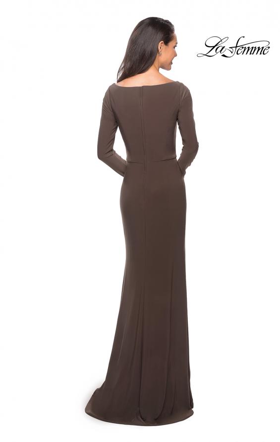 Picture of: Floor Length Jersey Gown with Long Sleeves and Ruching in Cocoa, Style: 25598, Back Picture