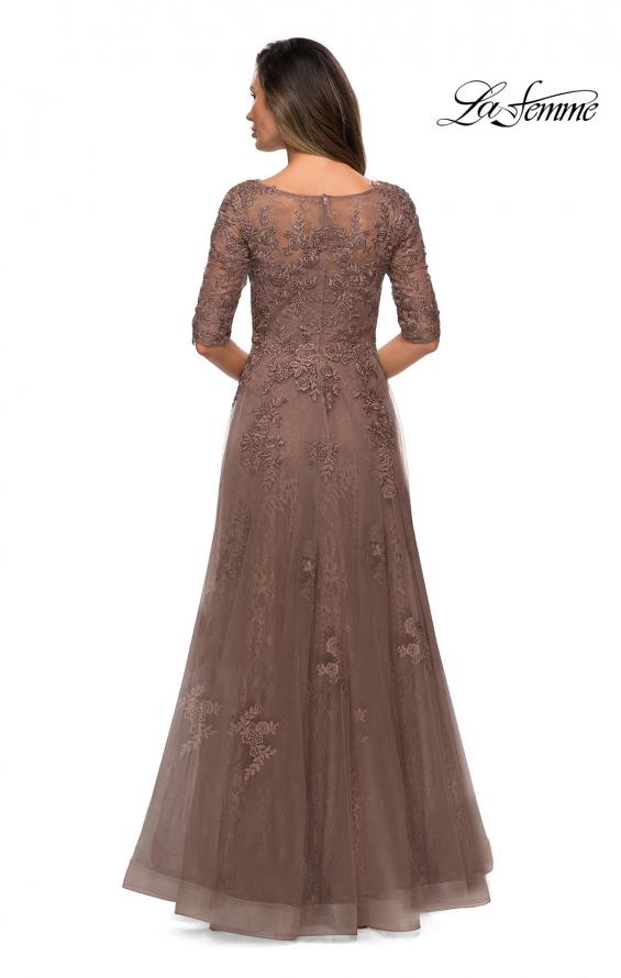 Picture of: Lace and Tulle A-line Gown with Three Quarter Sleeves in Cocoa, Style: 28036, Back Picture