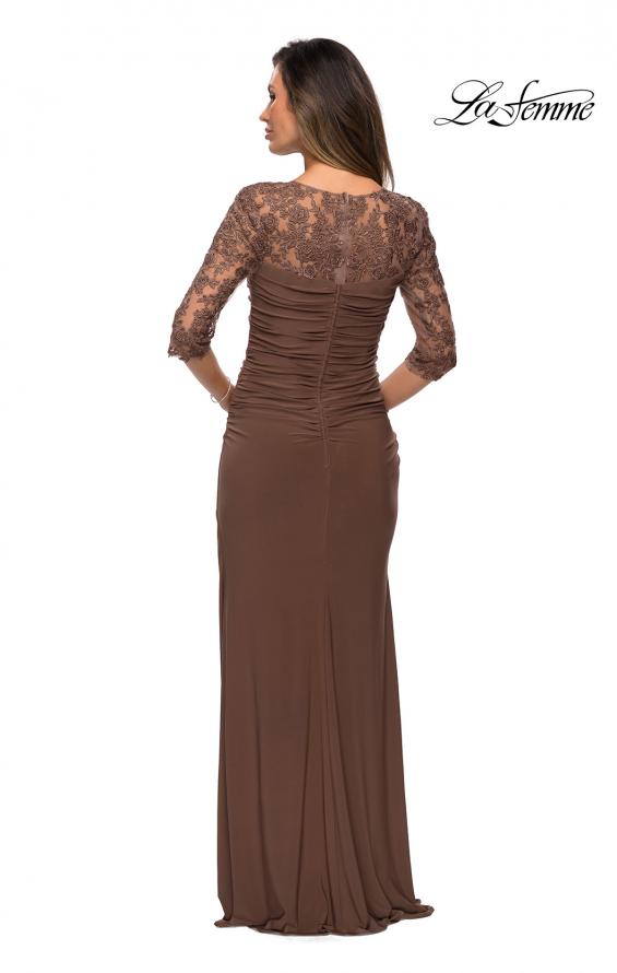 Picture of: Jersey Gown with Sheer Lace Sleeves and Ruching in Cocoa, Style: 28056, Back Picture