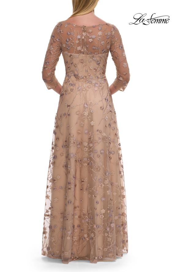 Picture of: Floral Three Quarter Sleeve Dress with Sheer Neckline in Cocoa, Style: 31642, Back Picture