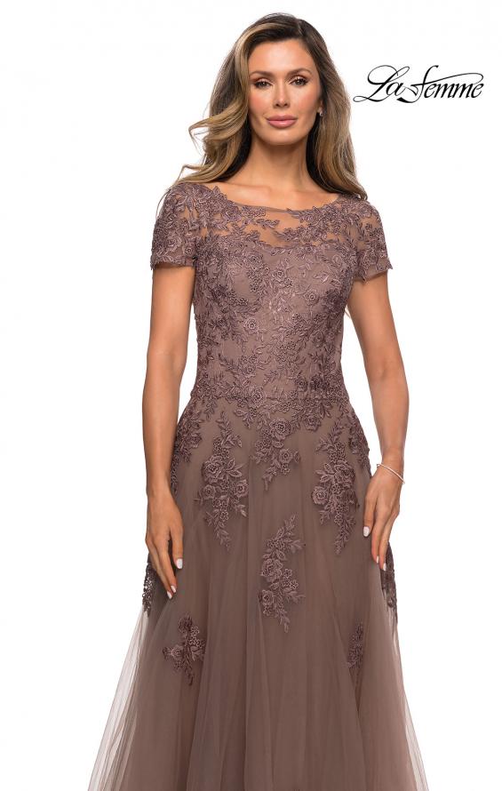 Picture of: A-line Formal Gown with Floral Lace Appliques in Cocoa, Style: 27958, Detail Picture 1