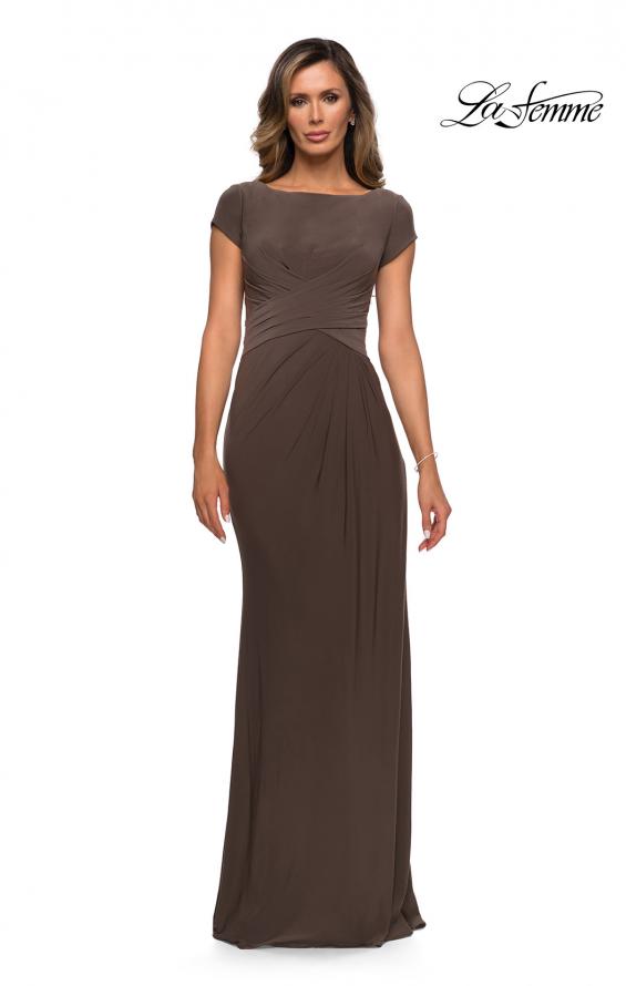 Picture of: Floor Length Jersey Evening Gown with Cap Sleeves in Cocoa, Style: 28026, Detail Picture 1