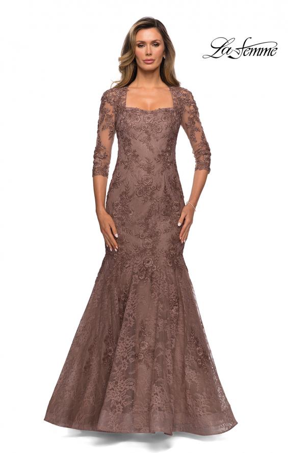 Picture of: Long Lace Mermaid Gown with Square Neckline in Cocoa, Style: 28033, Detail Picture 1
