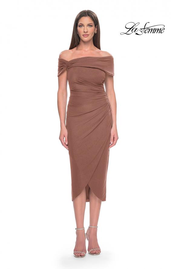 Picture of: Tea Length Fitted Jersey Ruched Off the Shoulder Dress in Cocoa, Style: 30109, Detail Picture 1
