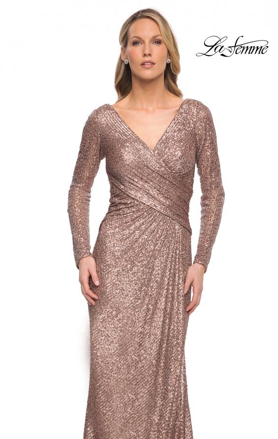 Picture of: Metallic Sequin Dress with Long Sleeves and V Neck in Brown, Style: 30310, Detail Picture 1