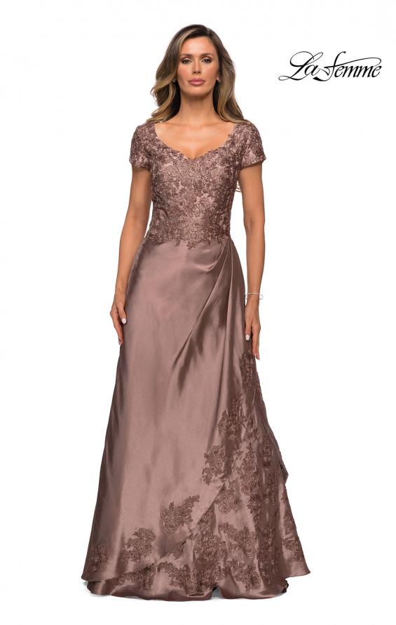 Picture of: V-neck Jersey Floor Length Gown with Short Sleeves in Cocoa, Style: 27033, Detail Picture 2