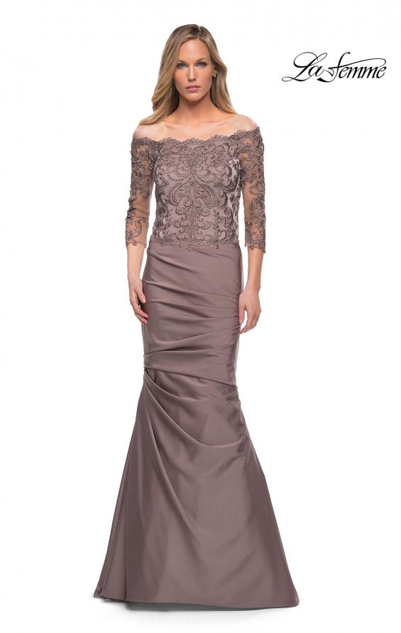 Picture of: Satin Mermaid Gown with Off the Shoulder Lace Bodice in Cocoa, Detail Picture 2