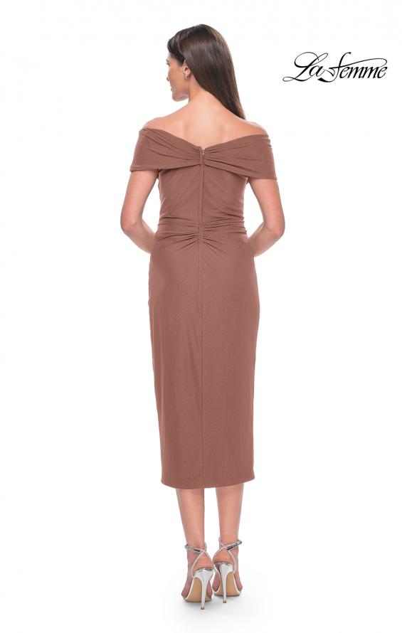 Picture of: Tea Length Fitted Jersey Ruched Off the Shoulder Dress in Cocoa, Style: 30109, Detail Picture 2