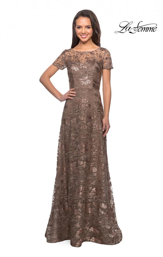 Picture of: Short Sleeve Long Sequin Dress with Sheer Neckline in Cocoa, Style: 27839, Detail Picture 3