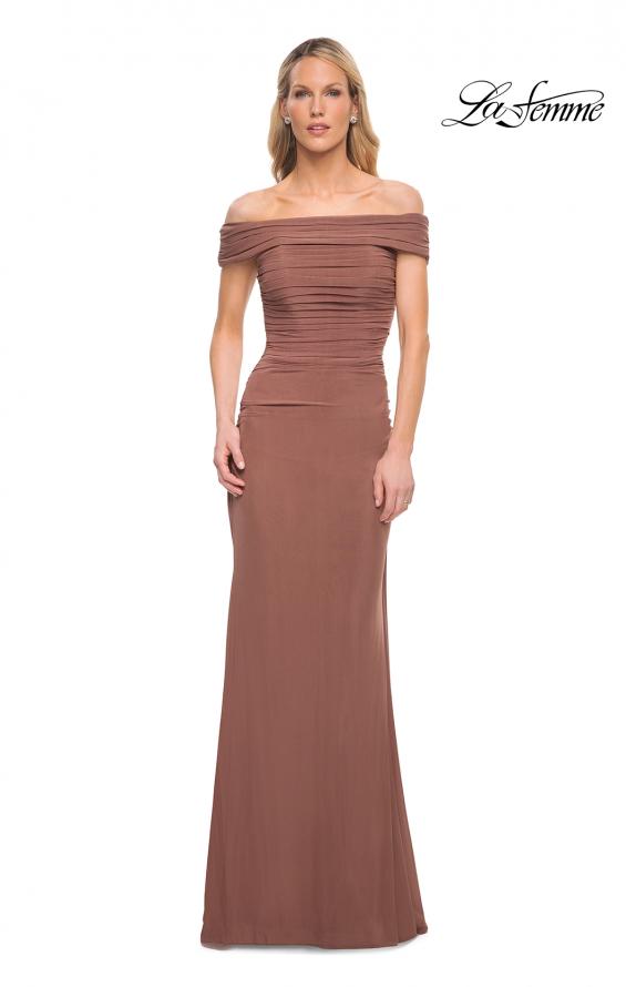 Picture of: Ruched Off the Shoulder Net Jersey Evening Dress in Cocoa, Detail Picture 3