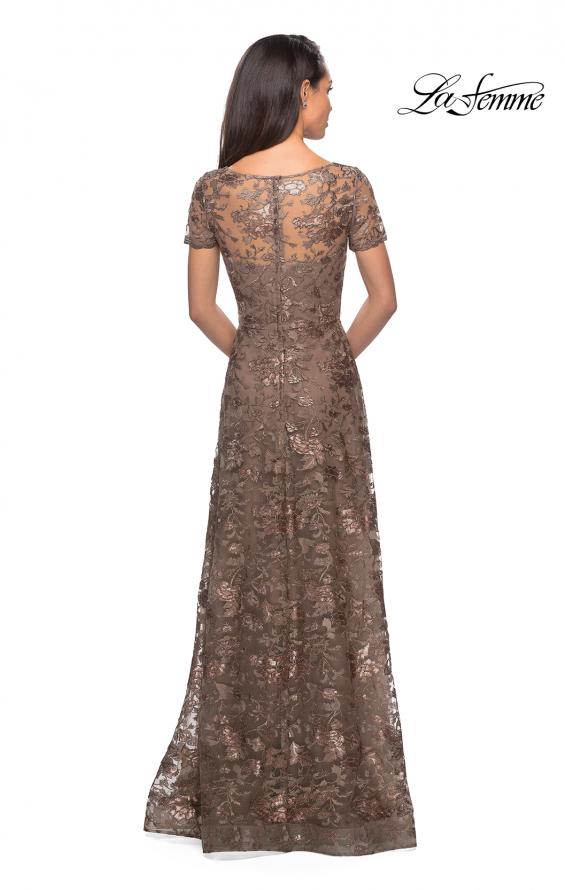 Picture of: Short Sleeve Long Sequin Dress with Sheer Neckline in Cocoa, Style: 27839, Detail Picture 4