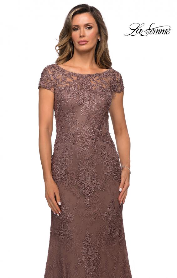 Picture of: Long Lace Evening Dress with Sheer Cap Sleeves in Cocoa, Style: 27856, Detail Picture 4