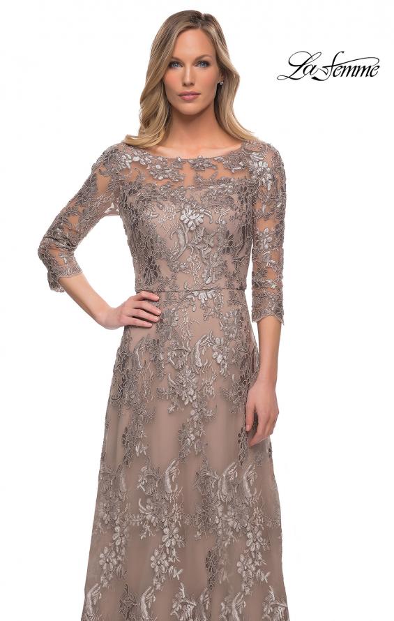 Picture of: Long Lace Dress with Sequins and Sheer 3/4 Sleeves in Cocoa, Detail Picture 4