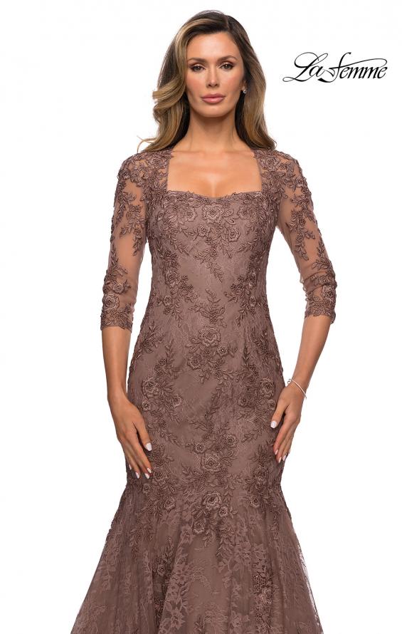 Picture of: Long Lace Mermaid Gown with Square Neckline in Cocoa, Style: 28033, Detail Picture 4
