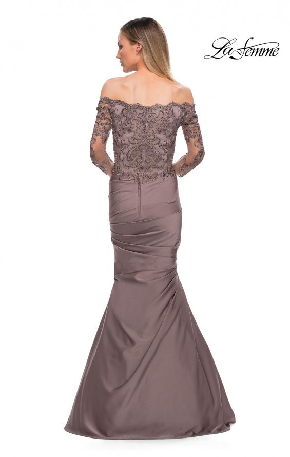 Picture of: Satin Mermaid Gown with Off the Shoulder Lace Bodice in Cocoa, Detail Picture 4
