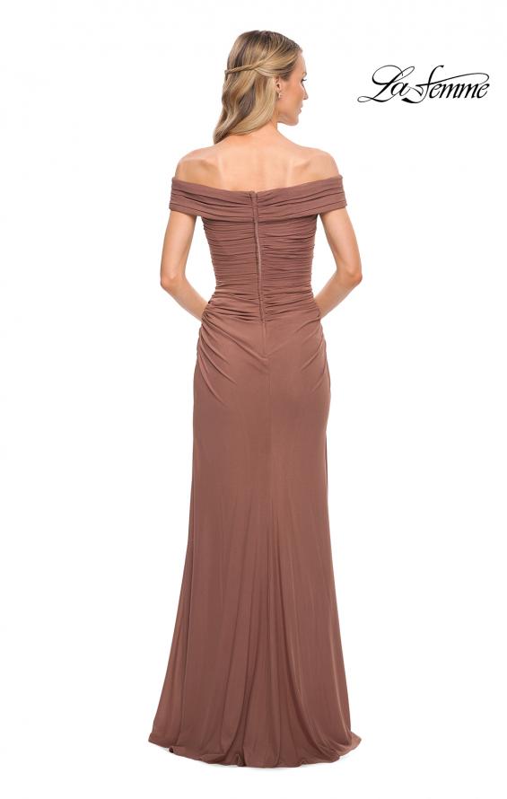 Picture of: Ruched Off the Shoulder Net Jersey Evening Dress in Cocoa, Detail Picture 4