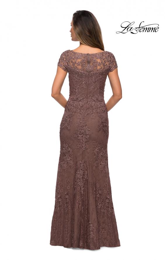 Picture of: Long Lace Evening Dress with Sheer Cap Sleeves in Cocoa, Style: 27856, Detail Picture 5