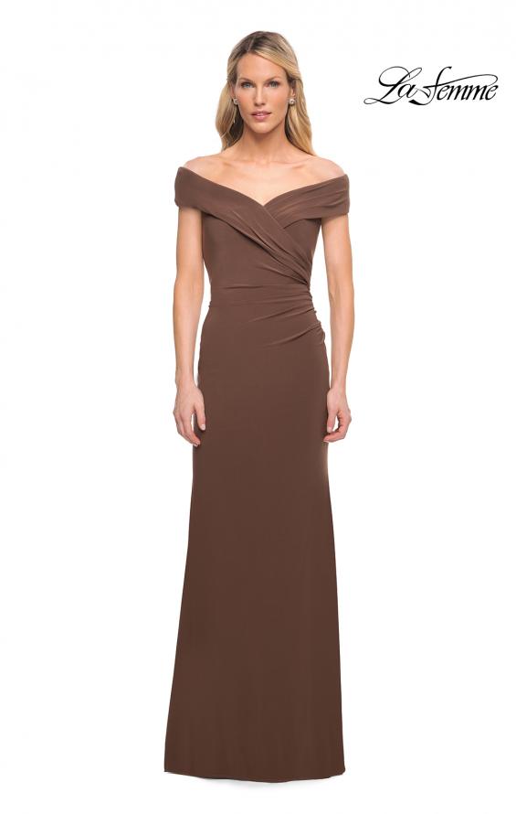 Picture of: Off The Shoulder Jersey Dress with Ruching in Cocoa, Style: 27959, Detail Picture 5