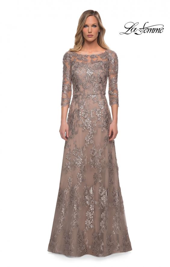 Picture of: Long Lace Dress with Sequins and Sheer 3/4 Sleeves in Cocoa, Detail Picture 6