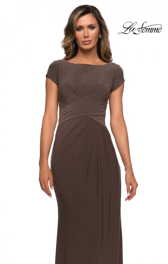 Picture of: Floor Length Jersey Evening Gown with Cap Sleeves in Cocoa, Style: 28026, Detail Picture 6