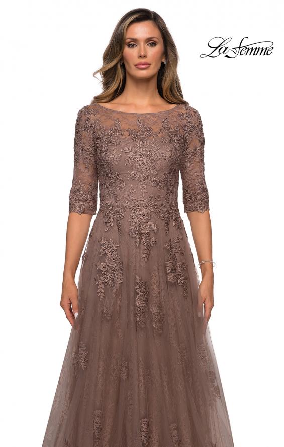 Picture of: Lace and Tulle A-line Gown with Three Quarter Sleeves in Cocoa, Style: 28036, Detail Picture 6