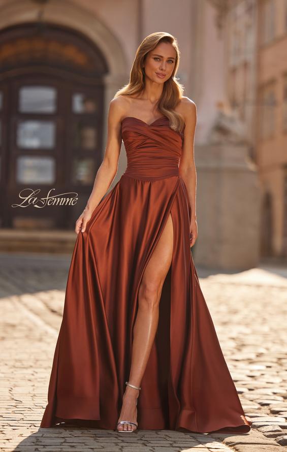 Brown Picture of: Strapless Satin A-Line Gown with Draped Bodice and High Slit in Copper, Style: 33417, Main Picture
